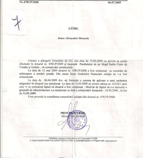 a 2-a comunicare 415, emisa in 06.07.2009, semnata de Prim-Procuror Mircea Wili Brojban.